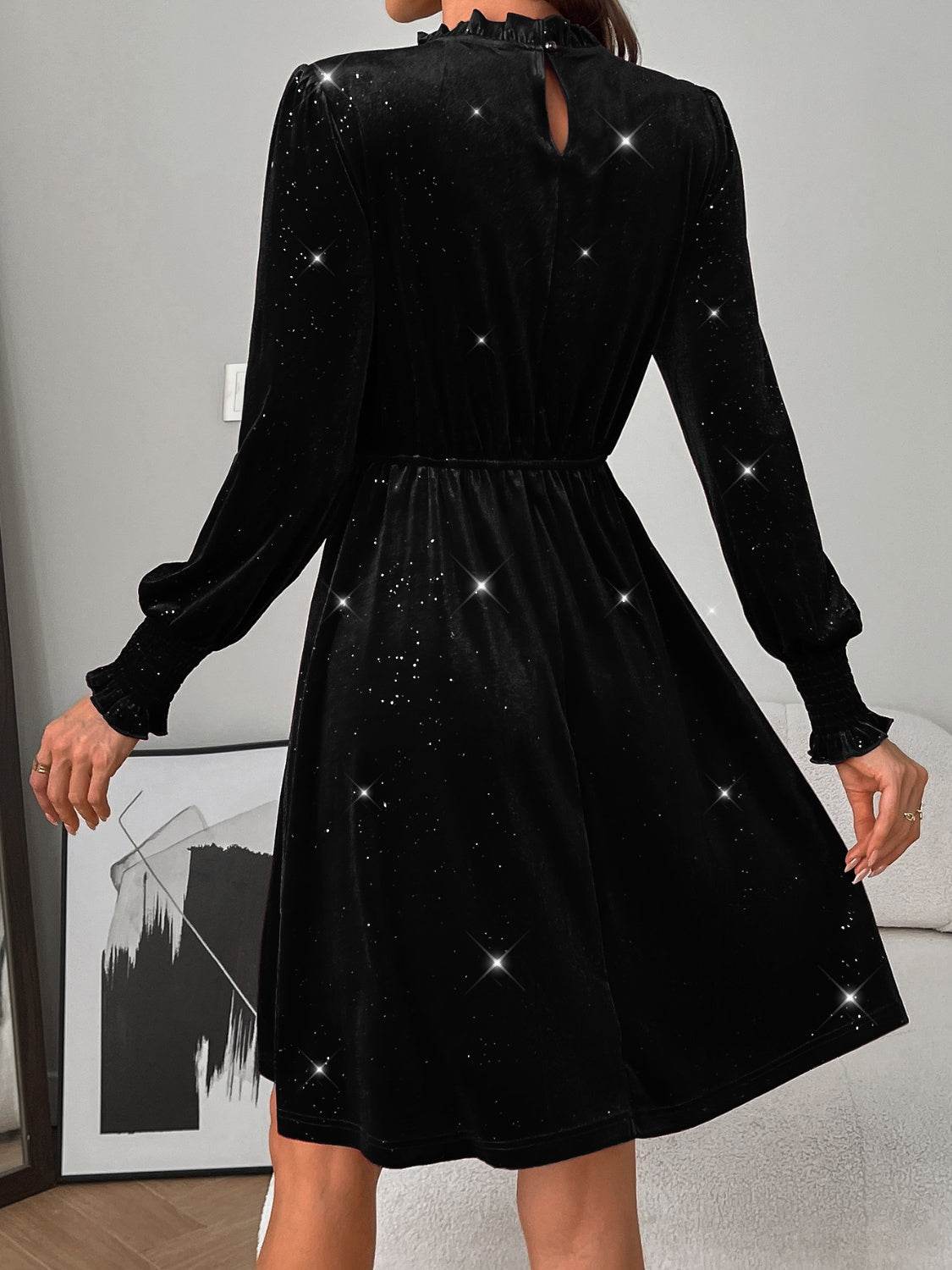 Glitter Mock Neck Long Sleeve Mini Dress - Delanoir
