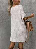 Short Sleeve Sweater Dress with Pockets - Delanoir