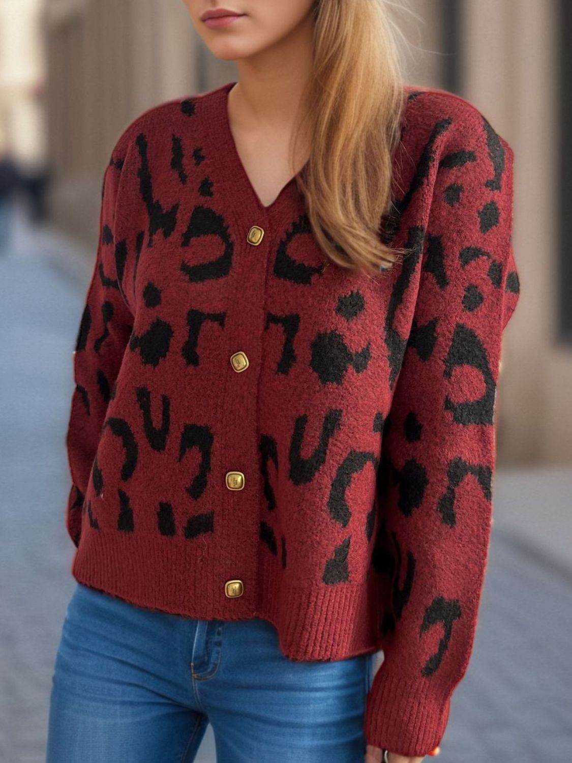 Leopard V-Neck Button Up Cardigan - Delanoir