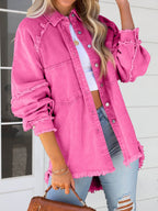 Button Down Raw Hem Denim Jacket - Delanoir