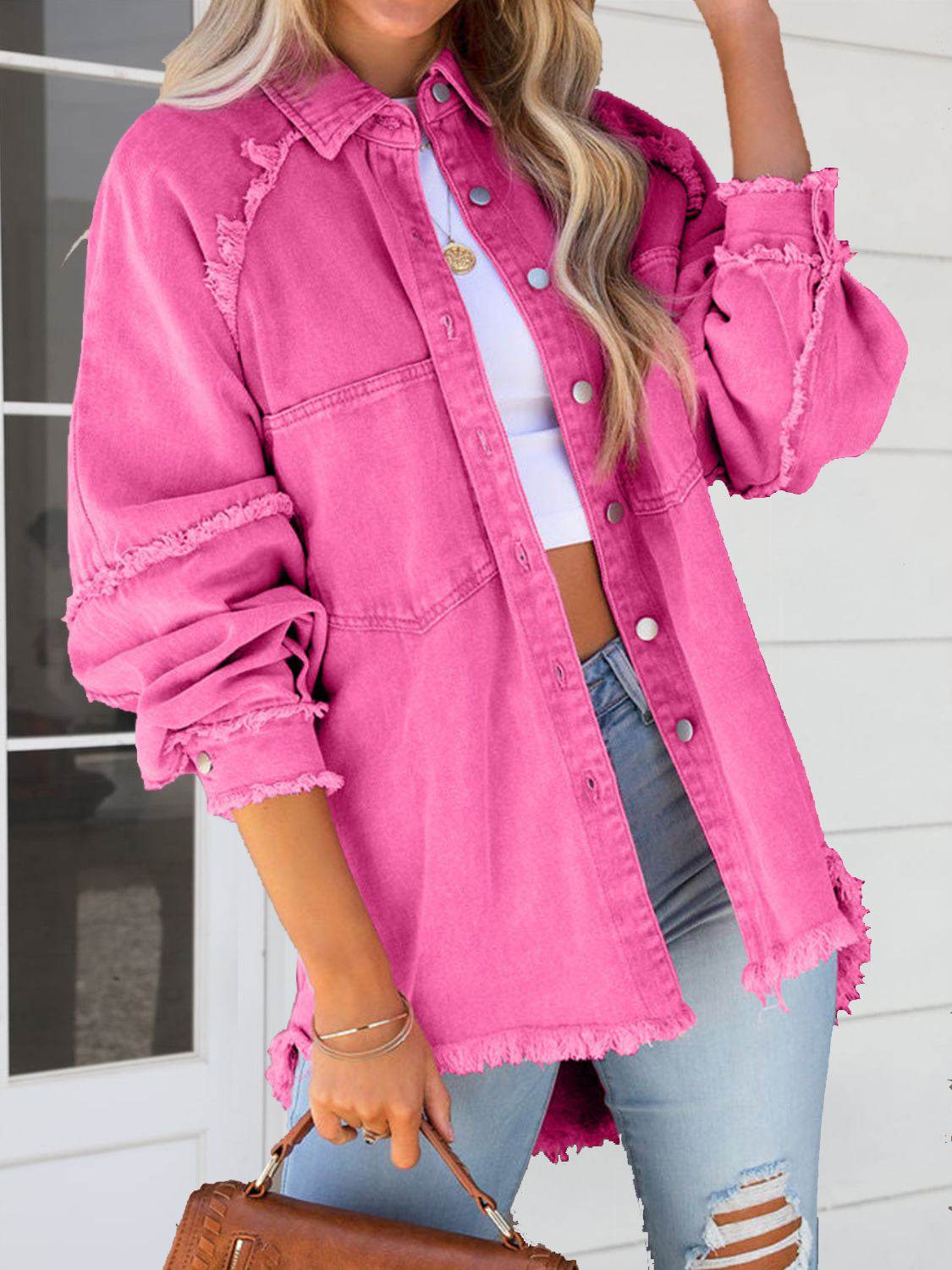 Button Down Raw Hem Denim Jacket - Delanoir