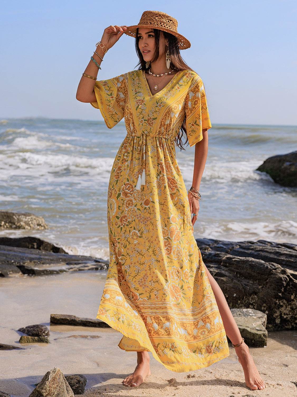 Drawstring Printed Plunge Half Sleeve Dress - Delanoir