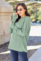 Basic Bae Full Size Ribbed Round Neck Long Sleeve Knit Top - Delanoir