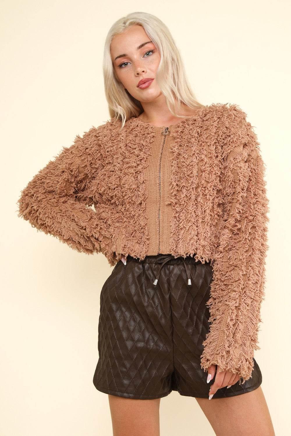 VERY J Shaggy Yarn Knit Zip Up Jacket - Delanoir