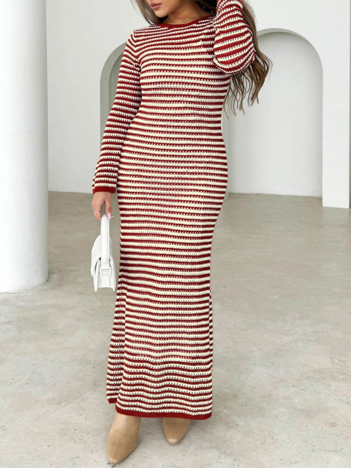 Devine Tied Round Neck Striped Sweater Dress - Delanoir