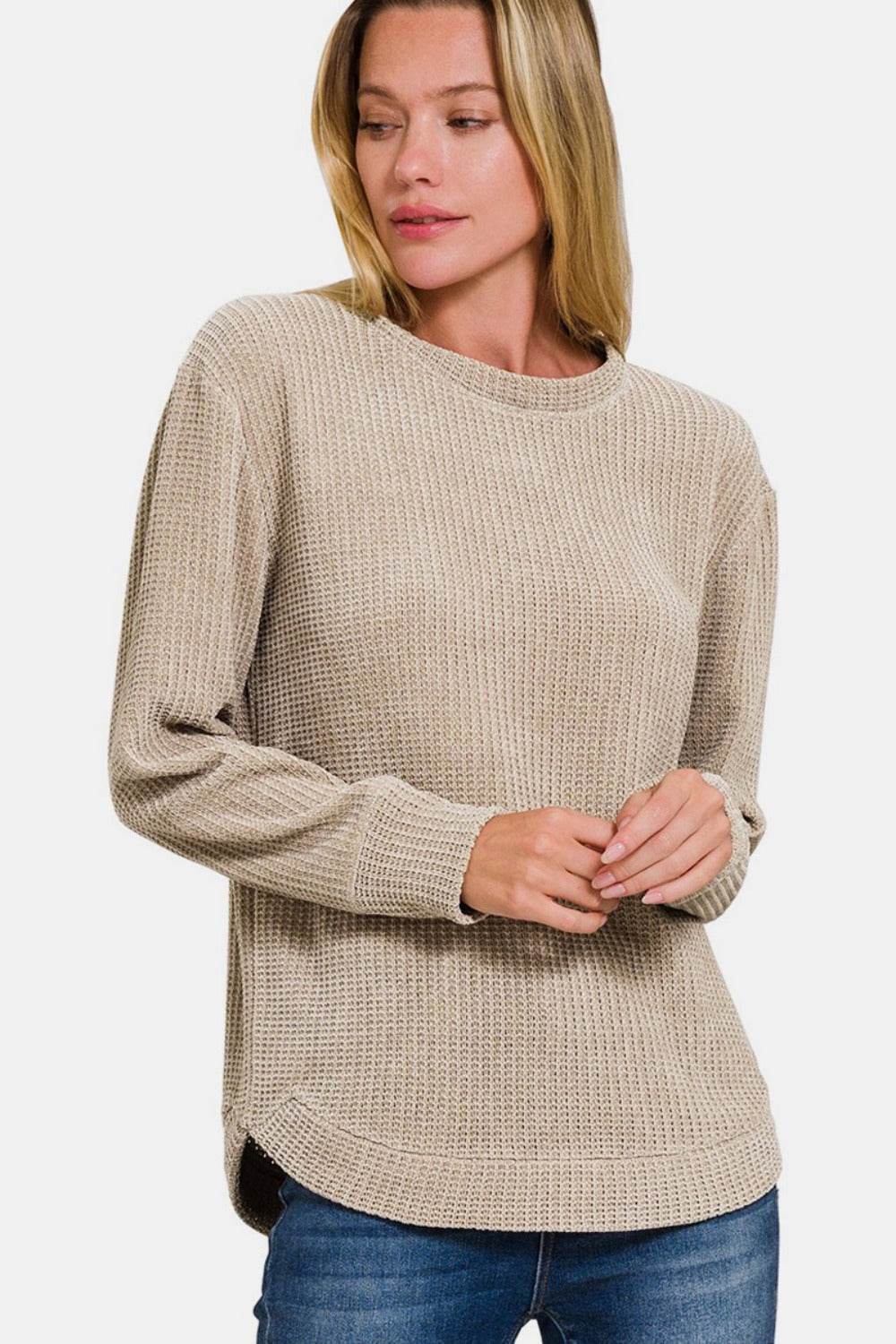 Zenana Chenille Waffle Round Neck Sweater - Delanoir