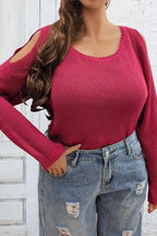 Plus Size Cold Shoulder Round Neck Sweater - Delanoir