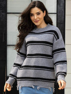 Striped Frayed Hem Round Neck Sweater - Delanoir