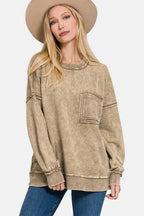 Zenana Exposed Seam Round Neck Dropped Shoulder Sweatshirt - Delanoir