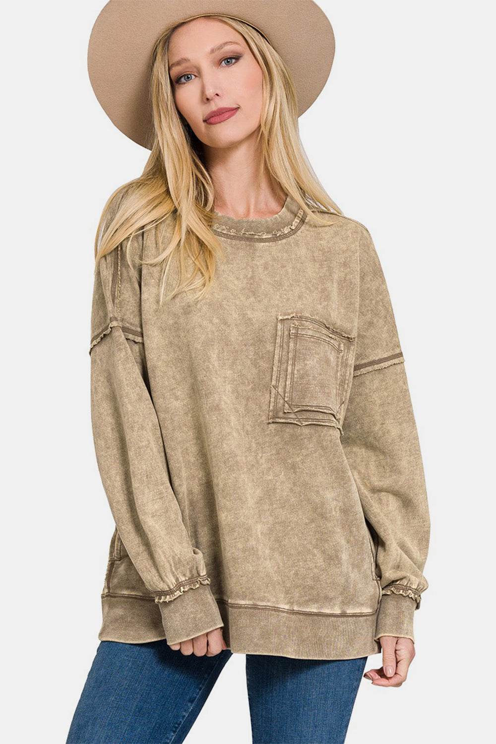 Zenana Exposed Seam Round Neck Dropped Shoulder Sweatshirt - Delanoir