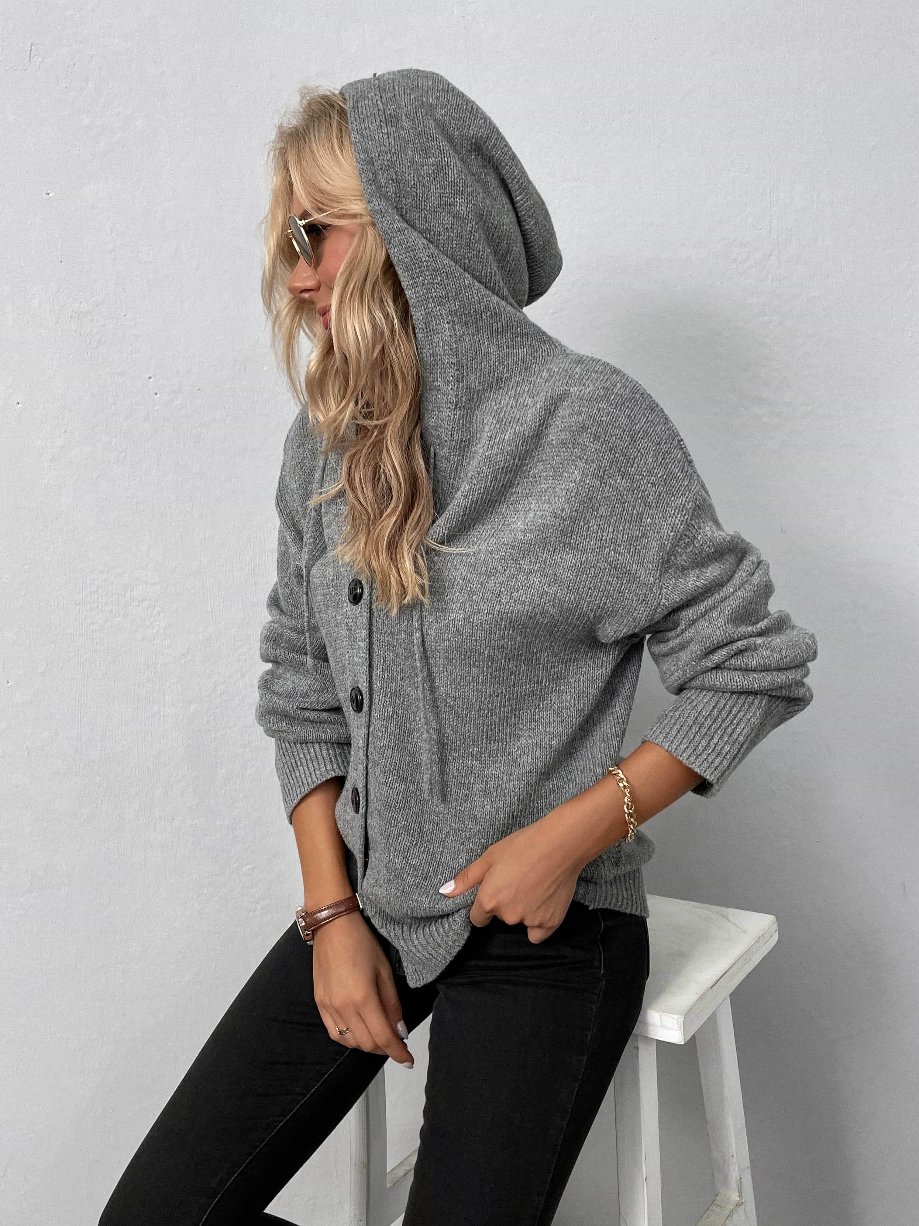 Button-Down Long Sleeve Hooded Sweater - Delanoir
