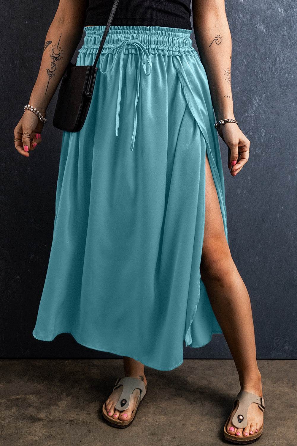 Slit Drawstring Elastic Waist Skirt - Delanoir