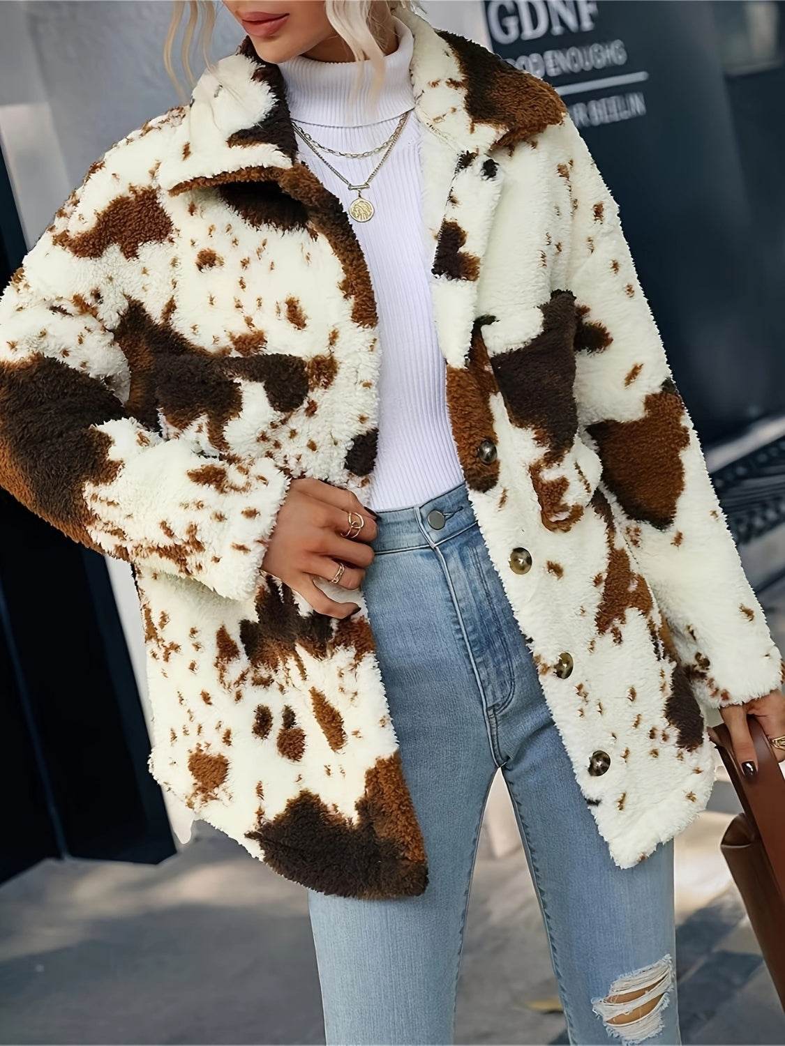 Cow Print Collared Neck Button Up Fuzzy Jacket - Delanoir