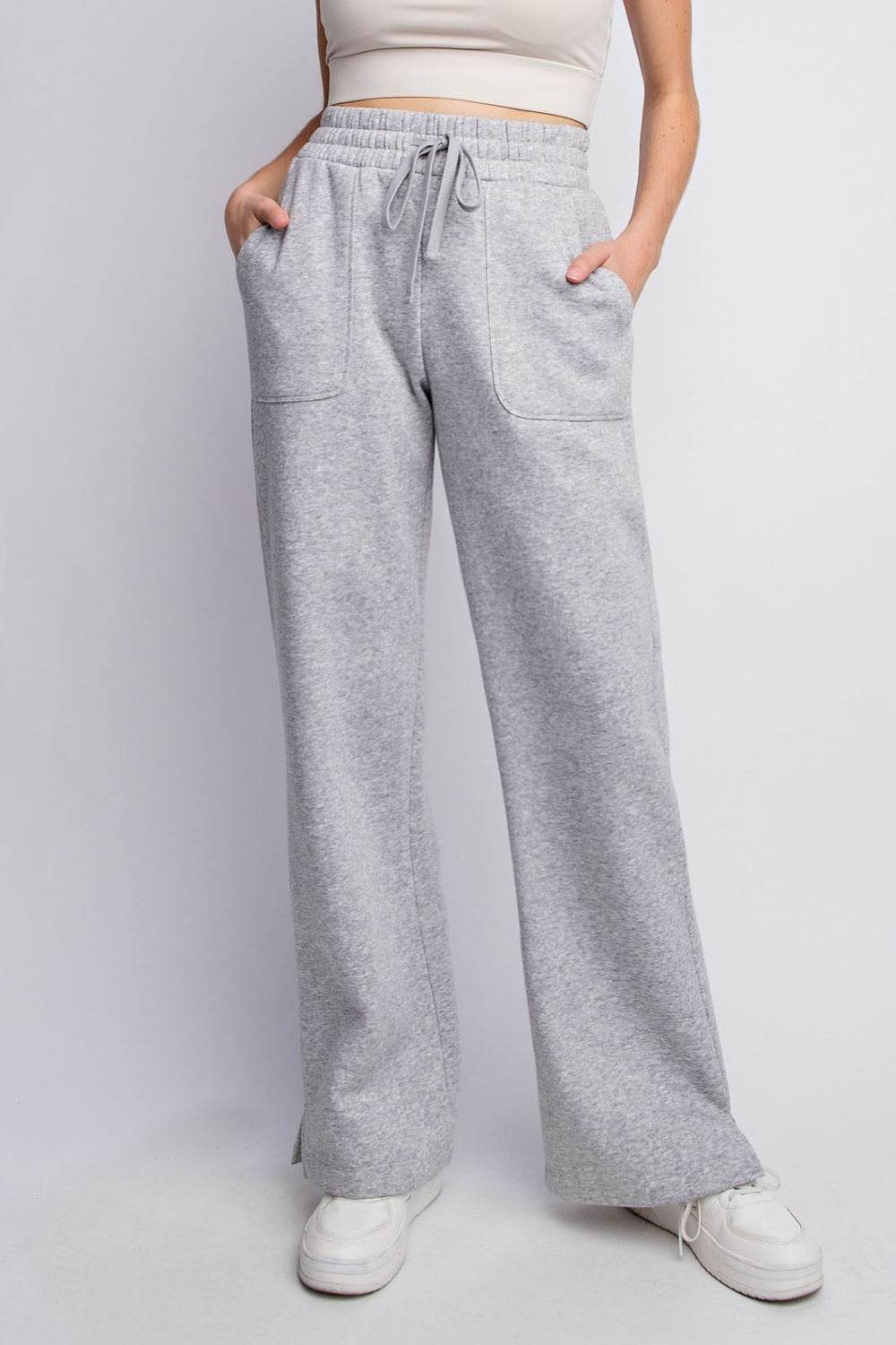 Faith Apparel Full Size Drawstring Straight Leg Slit Sweatpants - Delanoir