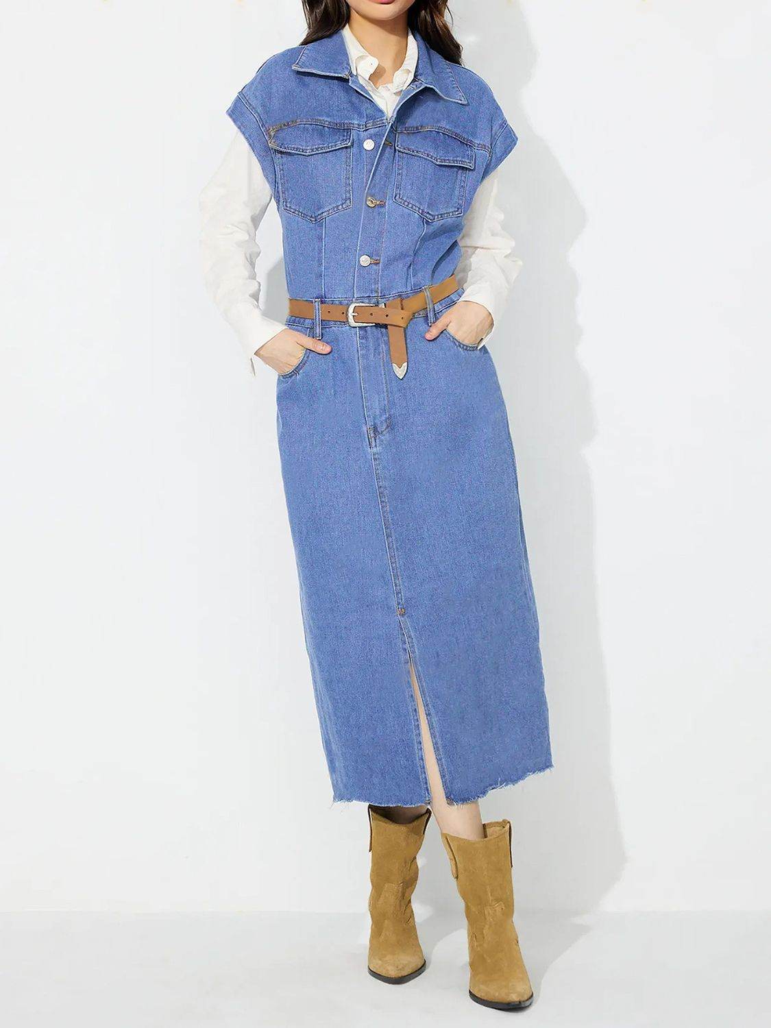 Slit Half Button Collared Neck Cap Sleeve Denim Dress - Delanoir