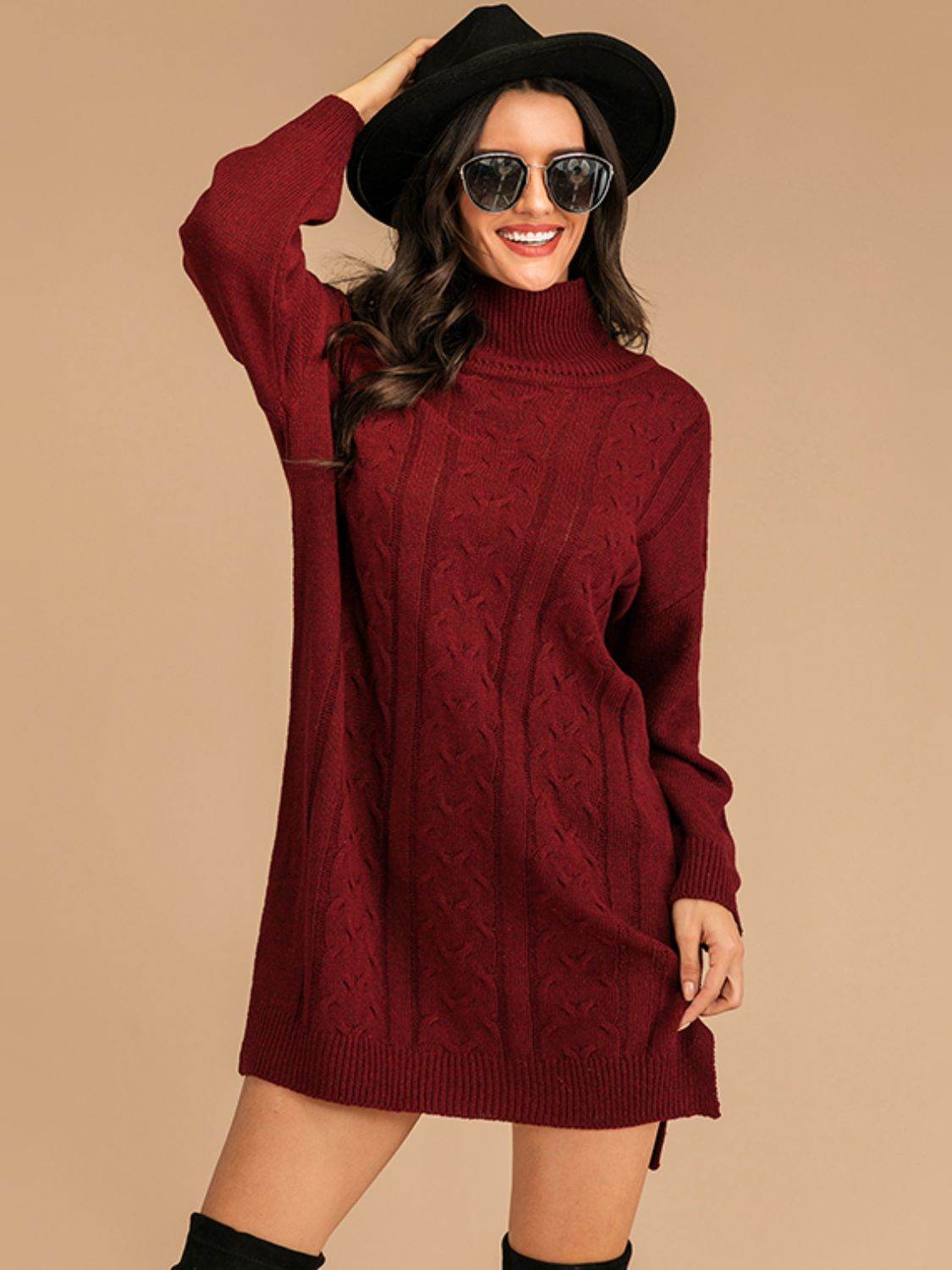 Perfee Slit Turtleneck Long Sleeve Mini Sweater Dress - Delanoir