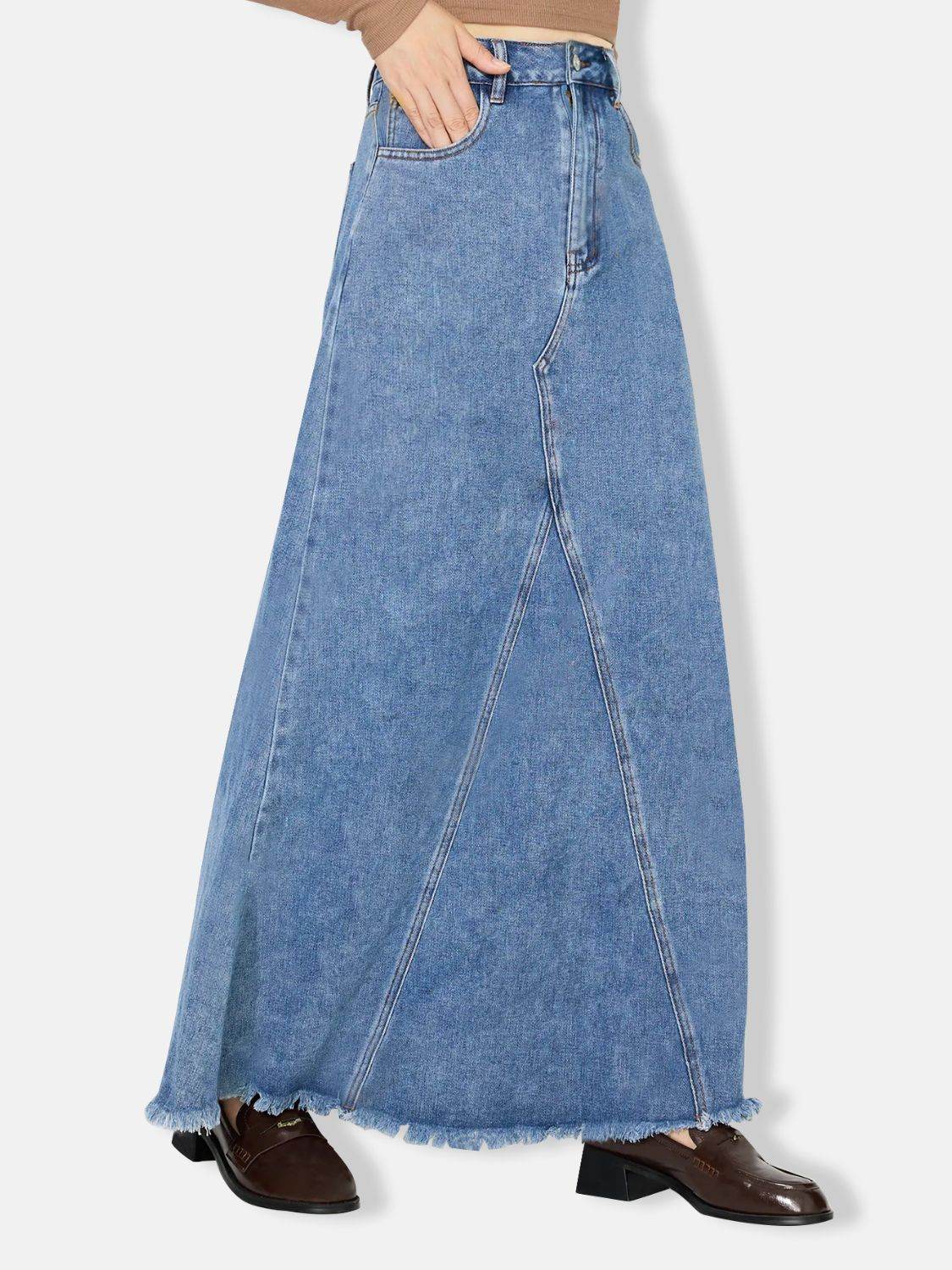Raw Hem Maxi Denim Skirt - Delanoir