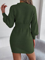 Buttoned Cable-Knit V-Neck Sweater Dress - Delanoir