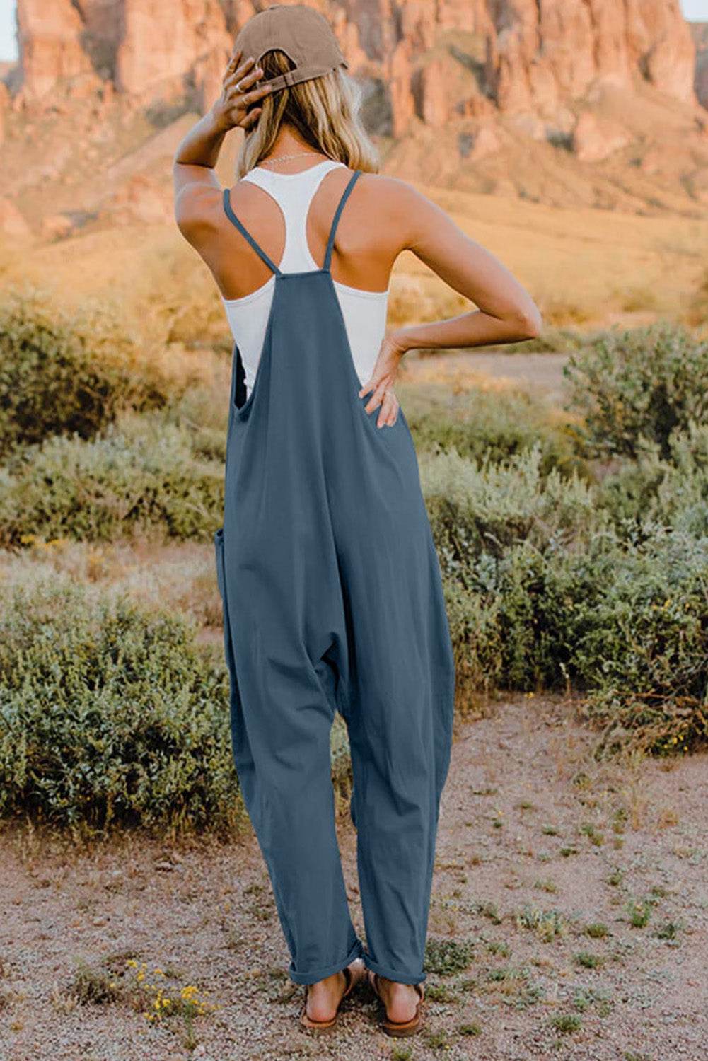 Double Take Full Size V-Neck Sleeveless Jumpsuit with Pockets - Delanoir