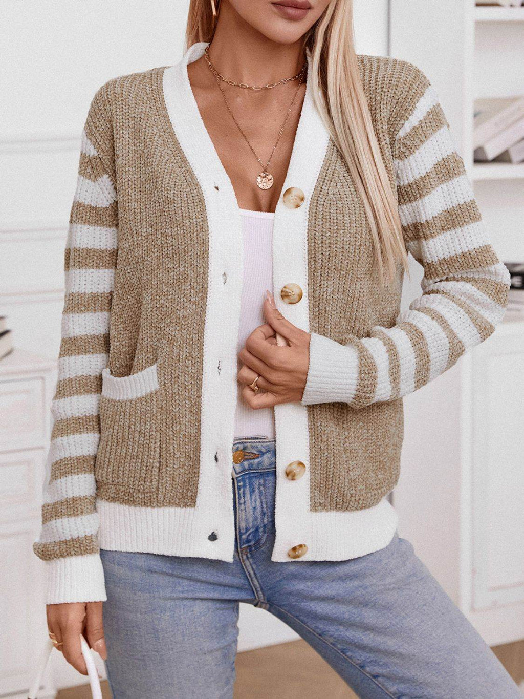 Striped Button Up Long Sleeve Cardigan - Delanoir