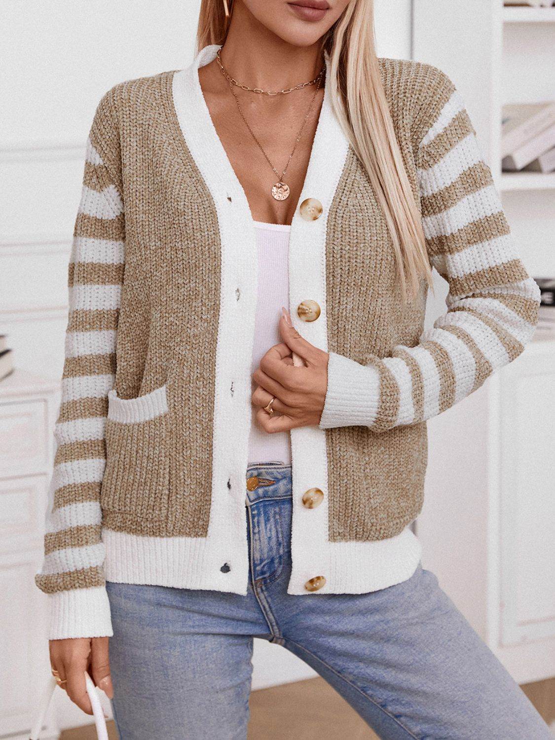 Striped Button Up Long Sleeve Cardigan - Delanoir
