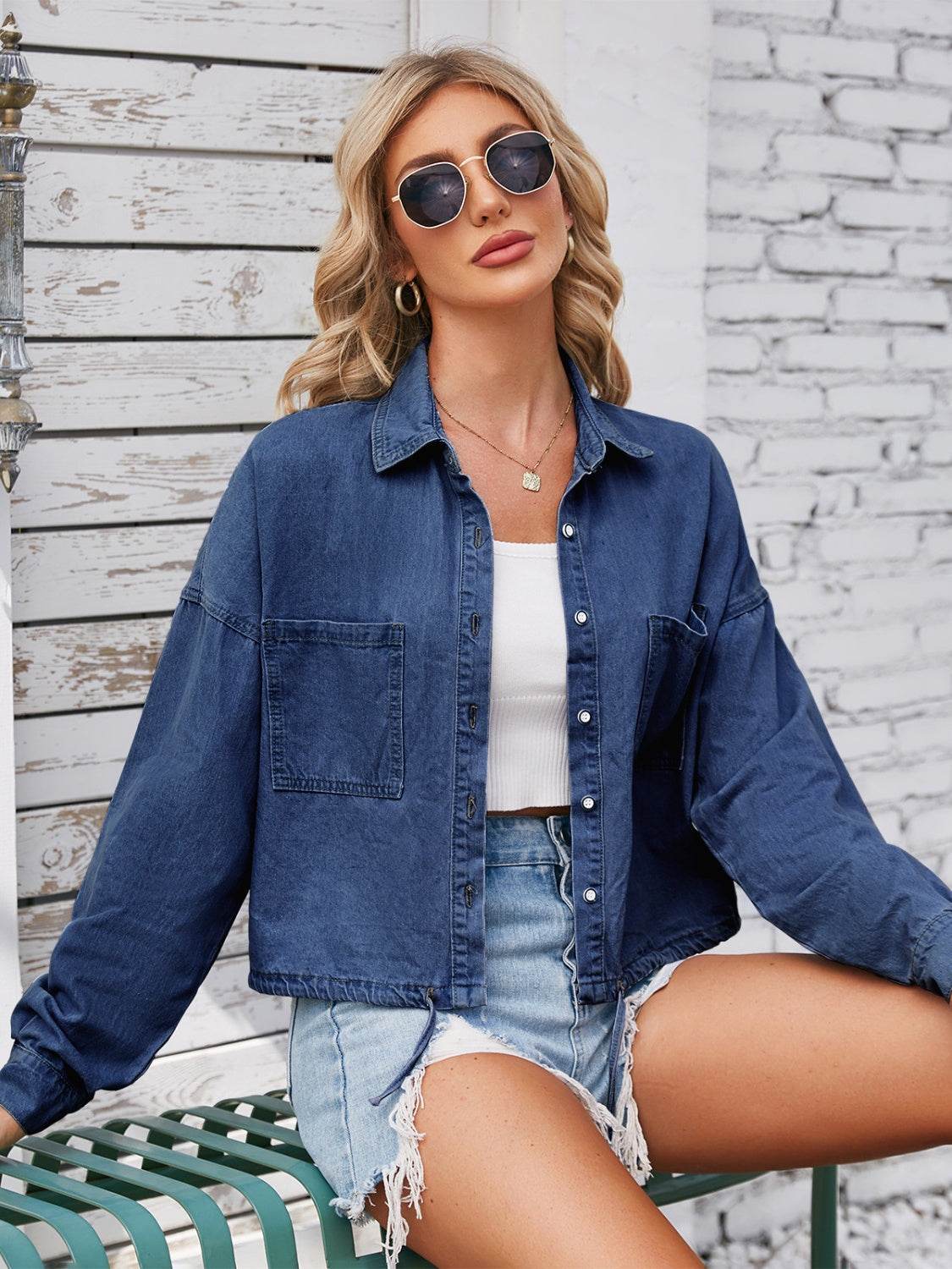 Button Up Long Sleeve Denim Jacket with Breast Pockets - Delanoir
