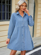 Tiered Button Up Long Sleeve Denim Dress - Delanoir