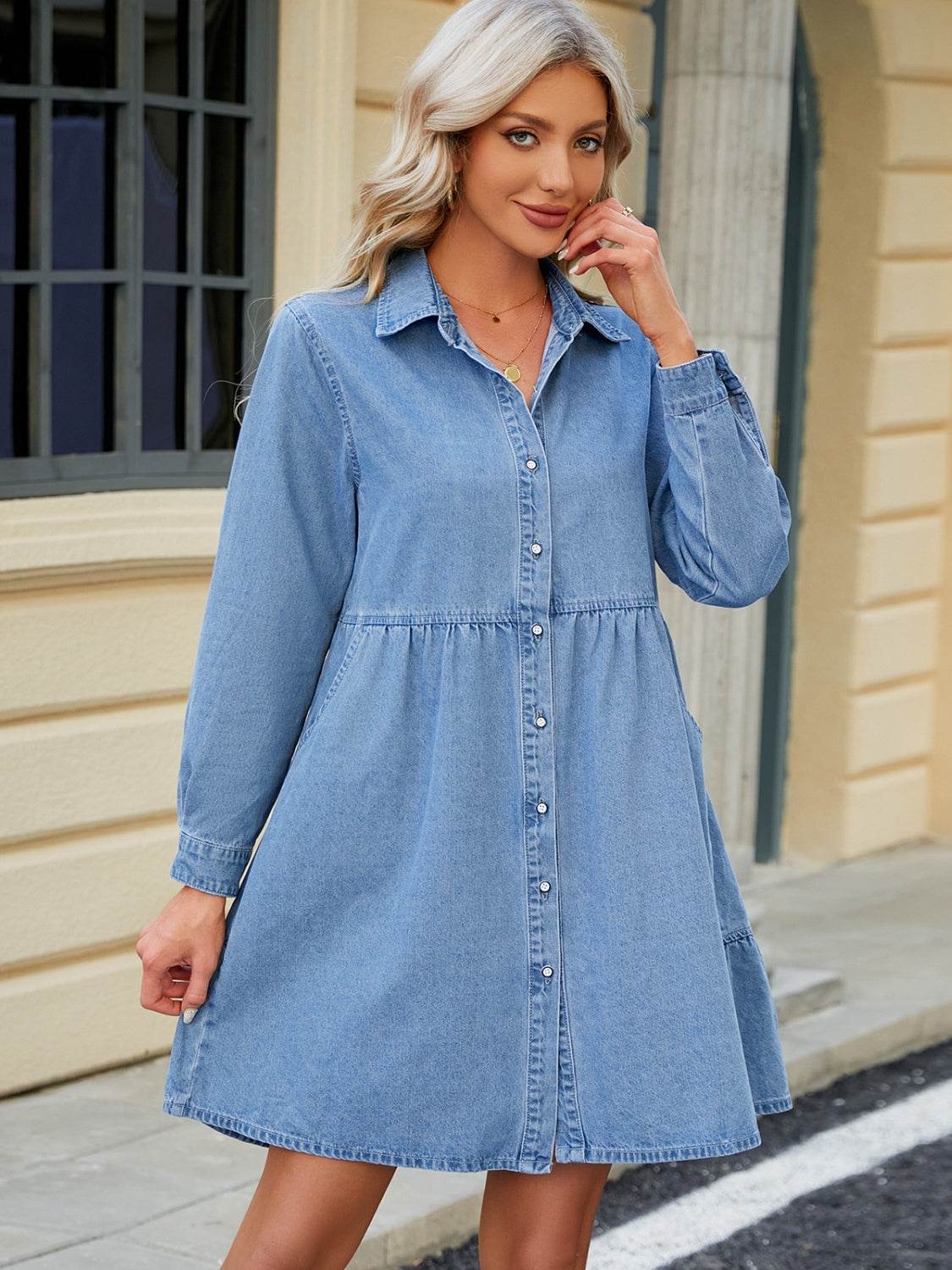Tiered Button Up Long Sleeve Denim Dress - Delanoir