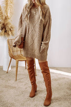 Cable-Knit Round Neck Sweater Dress - Delanoir