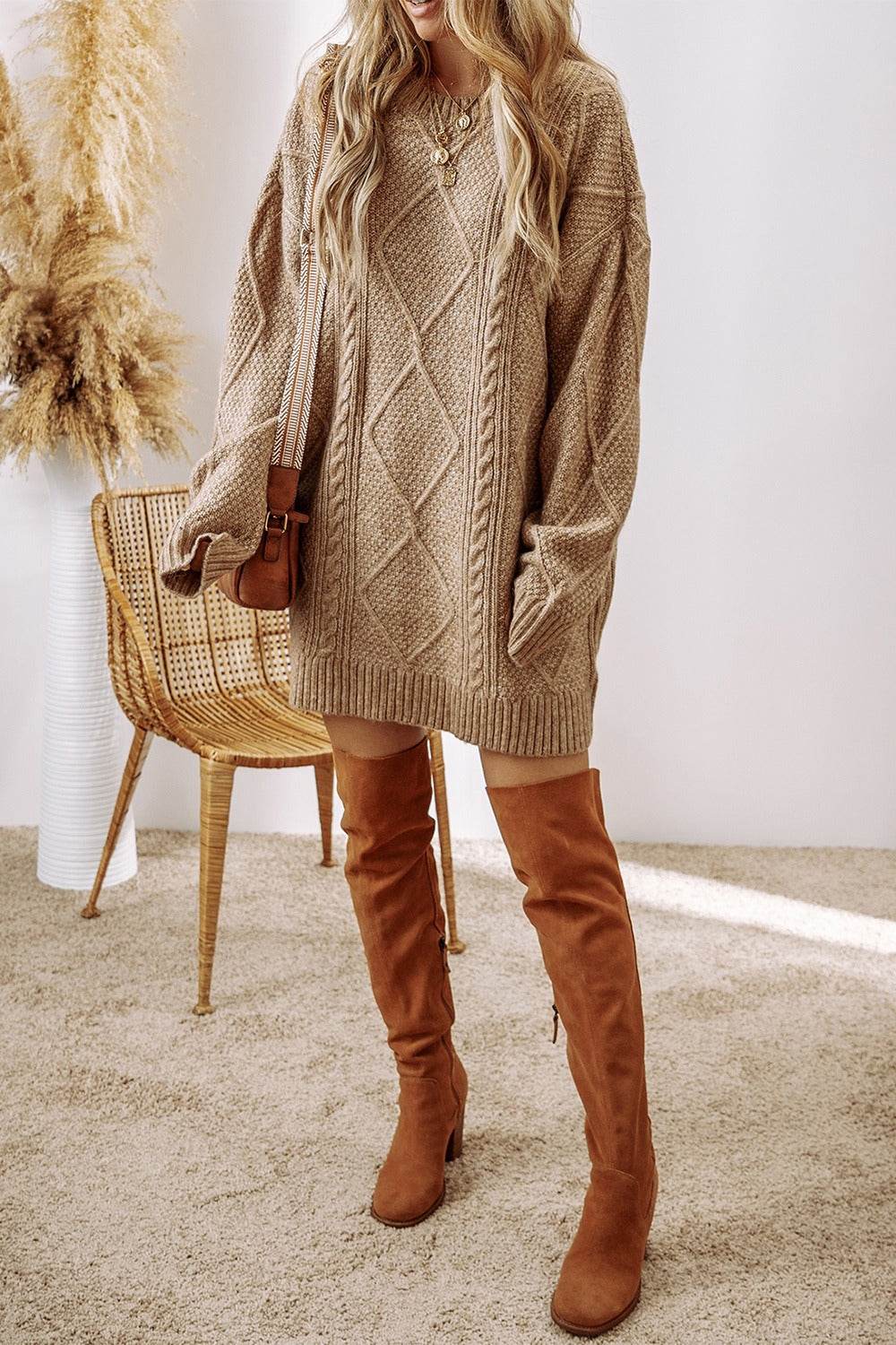 Cable-Knit Round Neck Sweater Dress - Delanoir