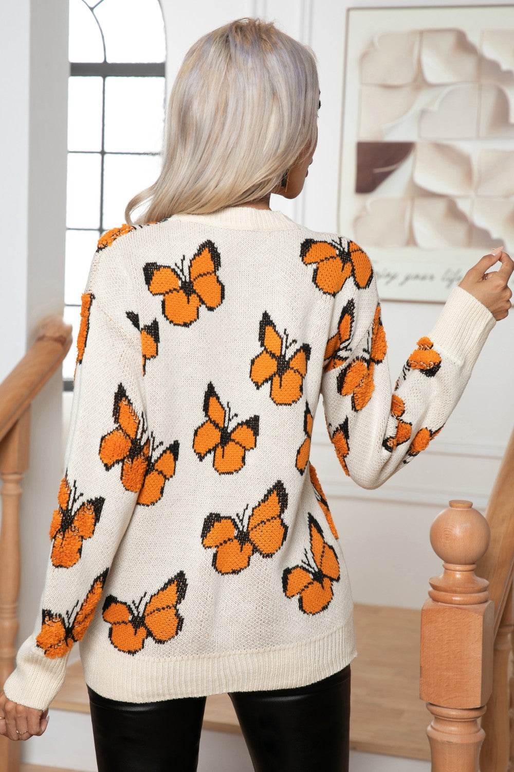 Butterfly Round Neck Long Sleeve Sweater - Delanoir
