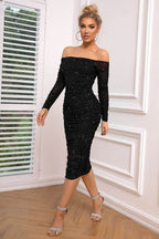 Long Sleeve Off-Shoulder Ruched Dress - Delanoir