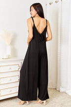 Double Take Full Size Soft Rayon Spaghetti Strap Tied Wide Leg Jumpsuit - Delanoir