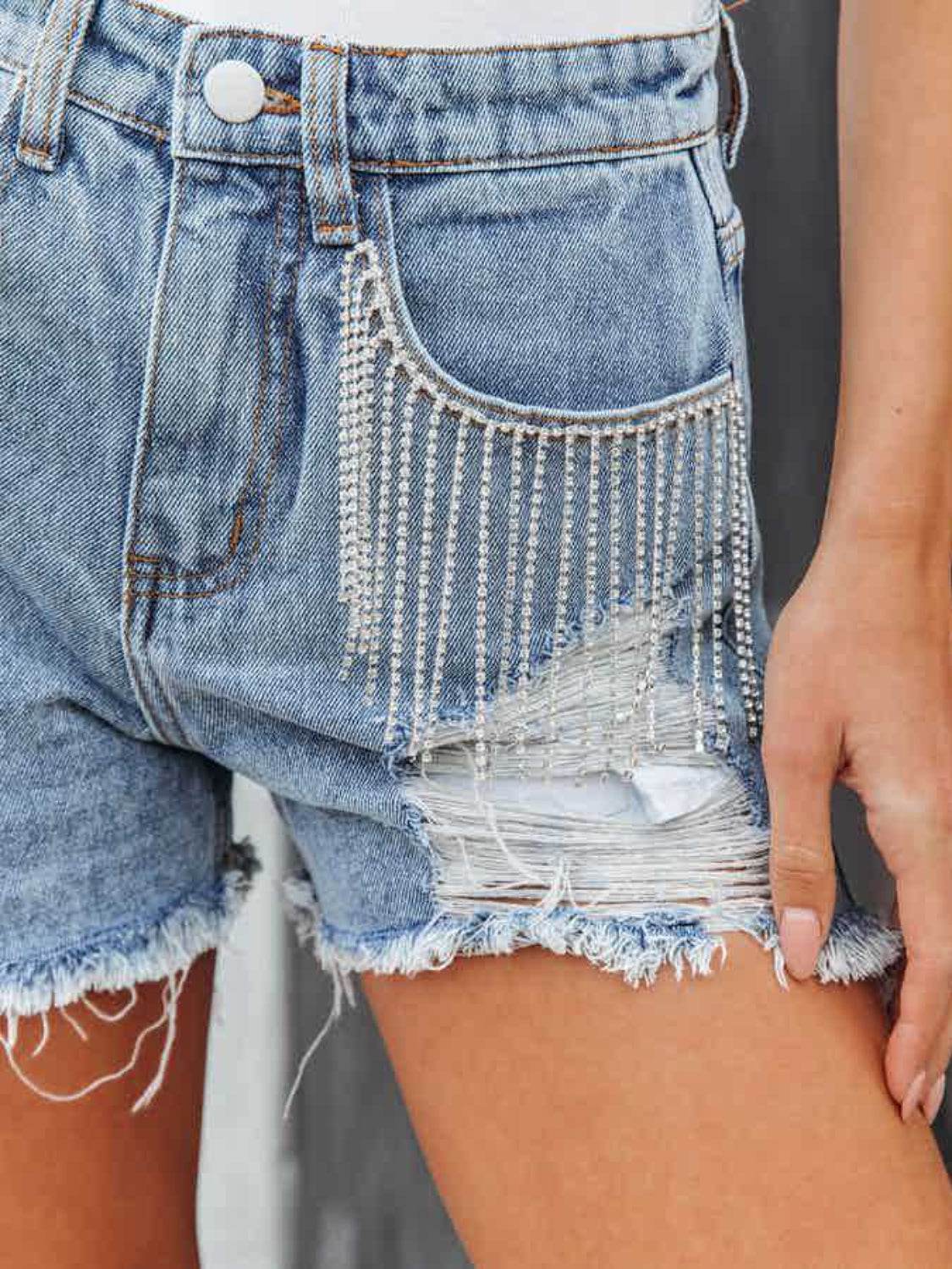 Distressed Fringe Denim Shorts with Pockets - Delanoir