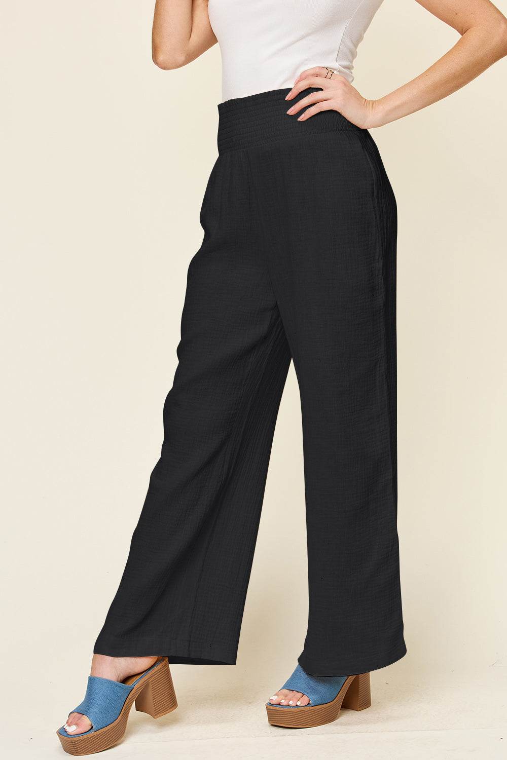 Double Take Full Size Texture Smocked Waist Wide Leg Pants - Delanoir