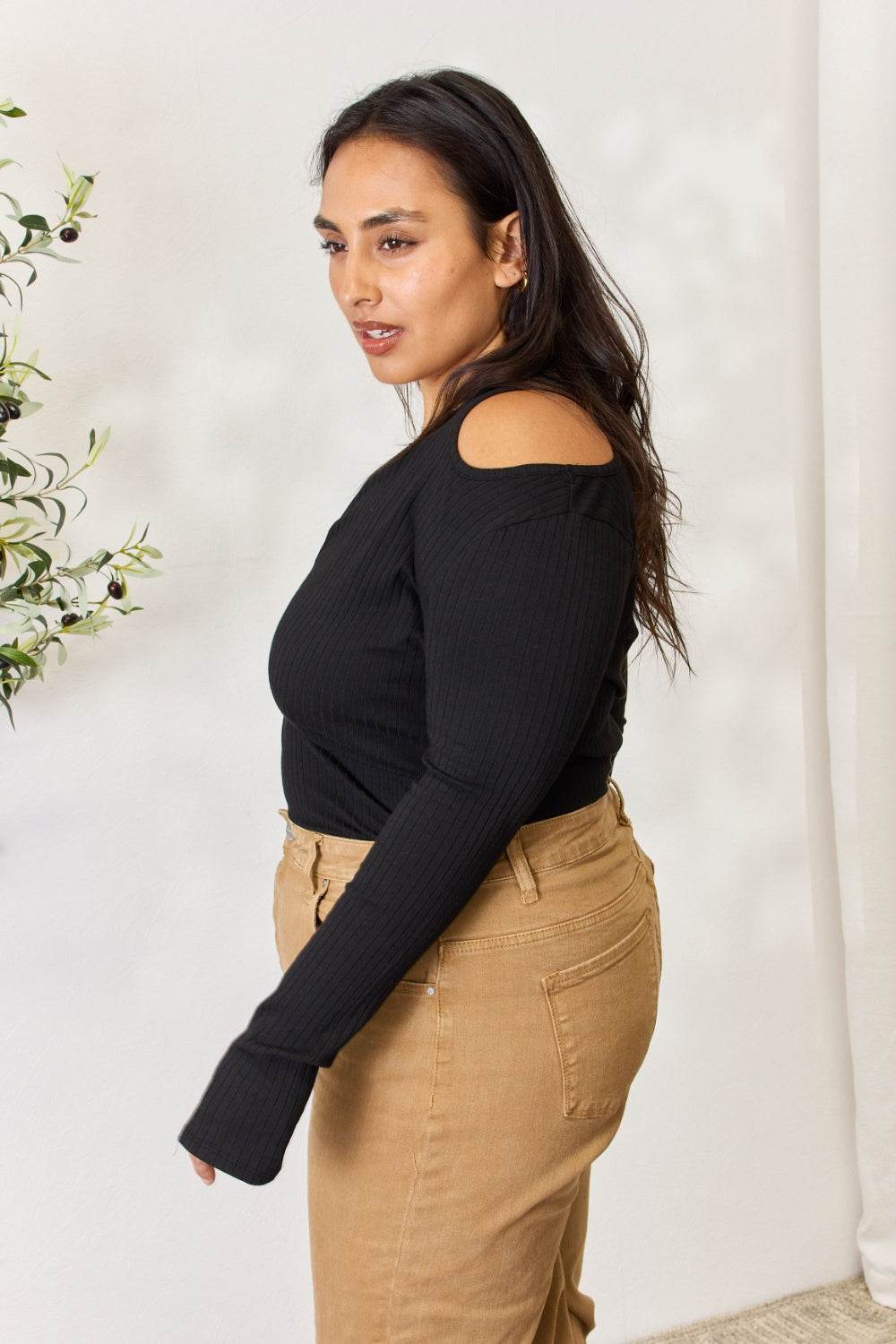 Culture Code Full Size Ribbed Surplice Cold Shoulder Top - Delanoir