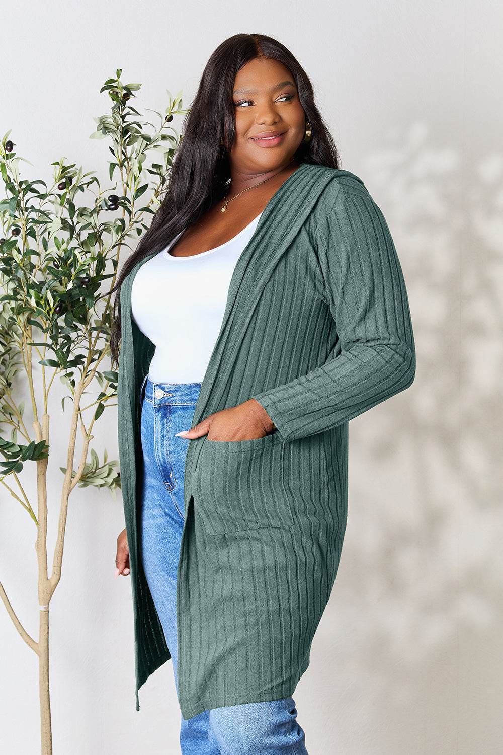 Basic Bae Full Size Hooded Sweater Cardigan - Delanoir