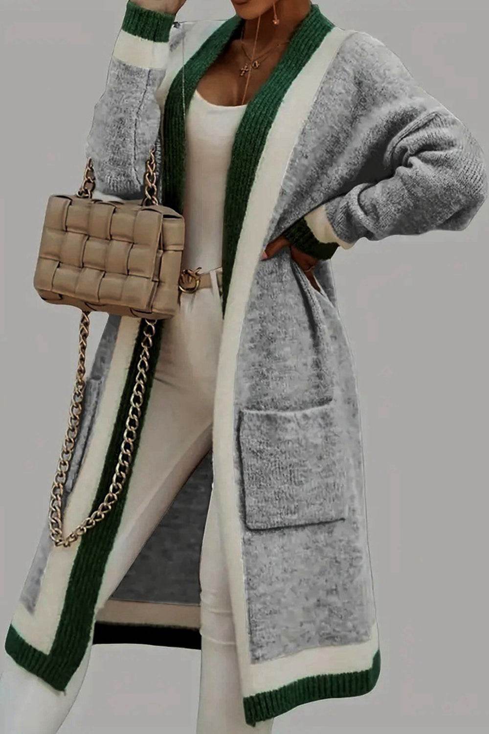 Pocketed Contrast Long Sleeve Hooded Cardigan - Delanoir