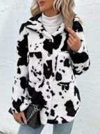 Cow Print Collared Neck Button Up Fuzzy Jacket - Delanoir