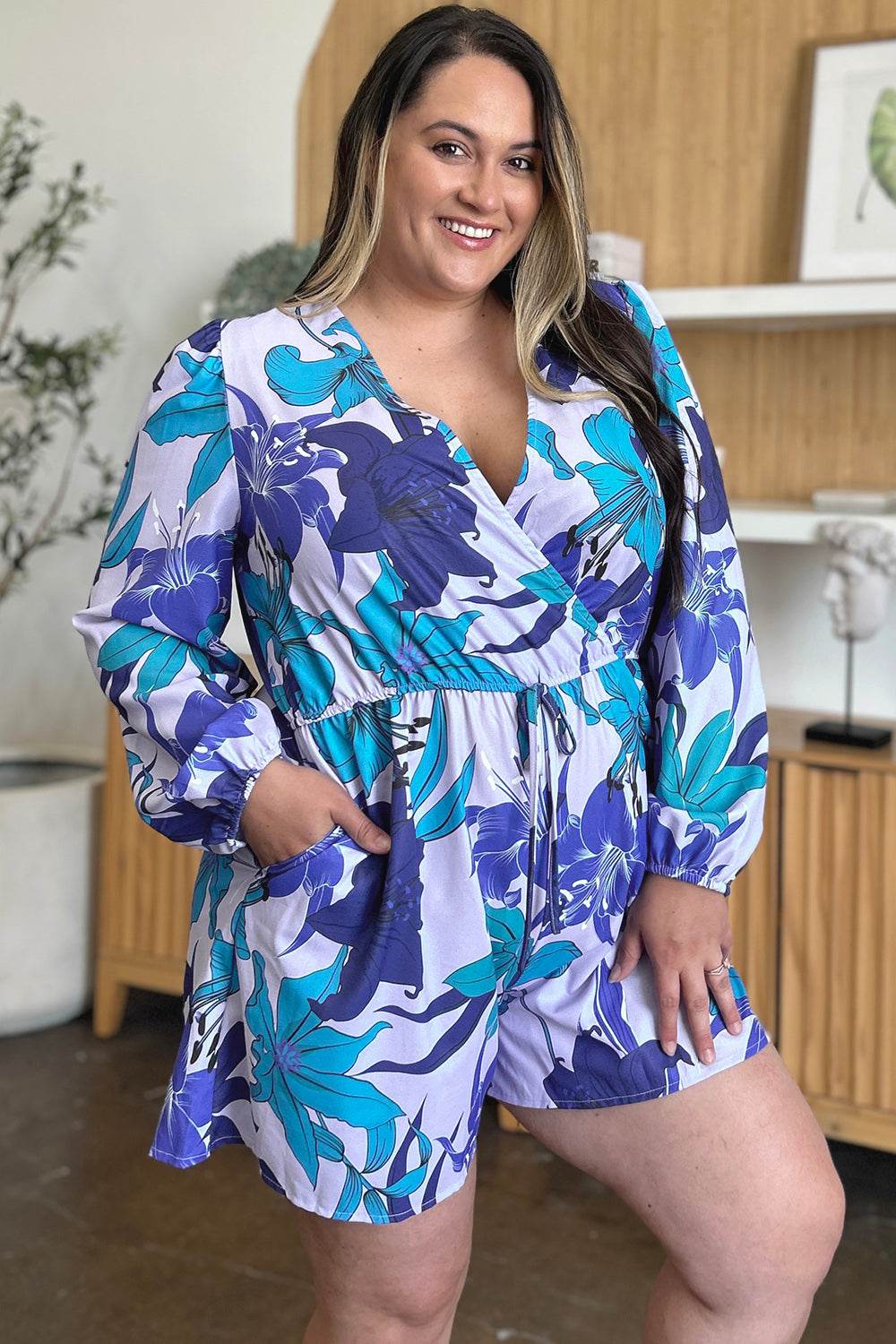 Double Take Full Size Floral Long Sleeve Romper with Pockets - Delanoir