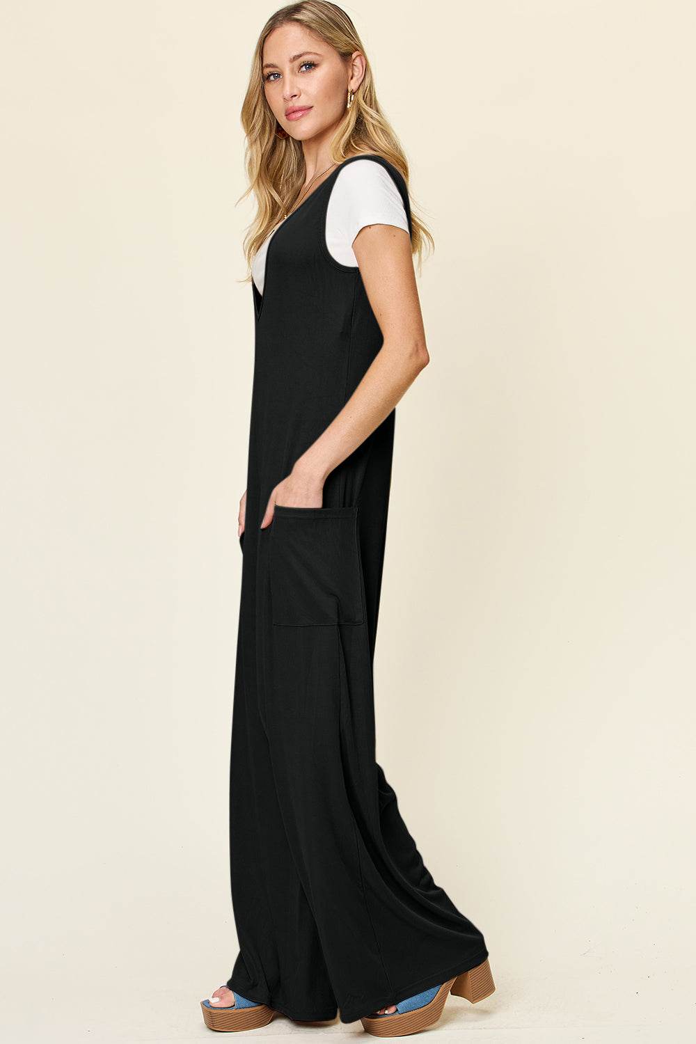 Double Take Full Size Sleeveless Wide Leg Jumpsuit with Pockets - Delanoir