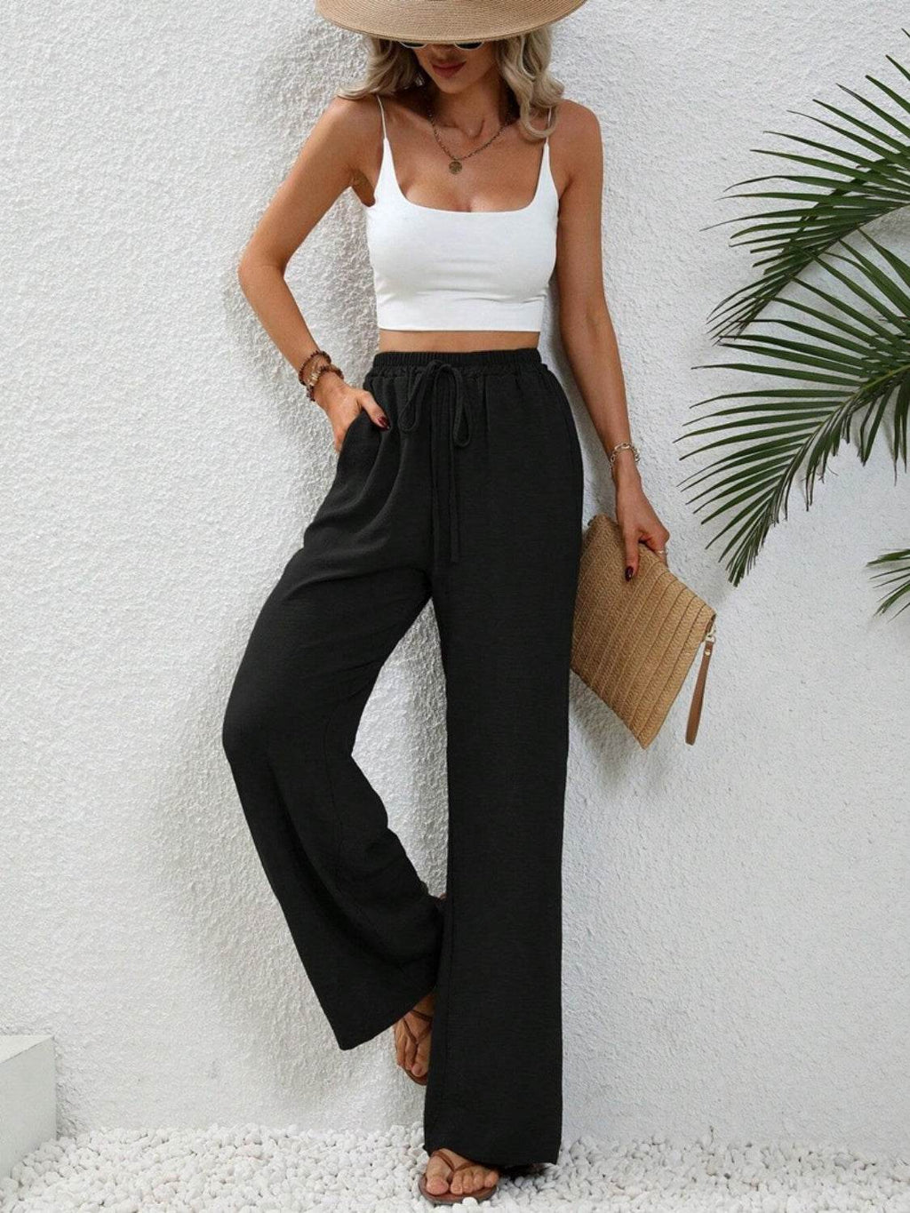 Wide Leg Drawstring Pants - Delanoir