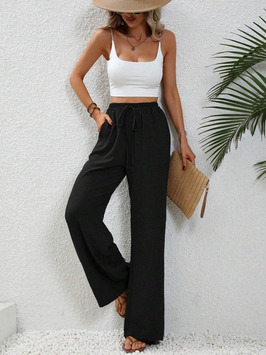 Wide Leg Drawstring Pants - Delanoir