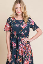 BOMBOM Floral Short Sleeve Maxi Dress - Delanoir