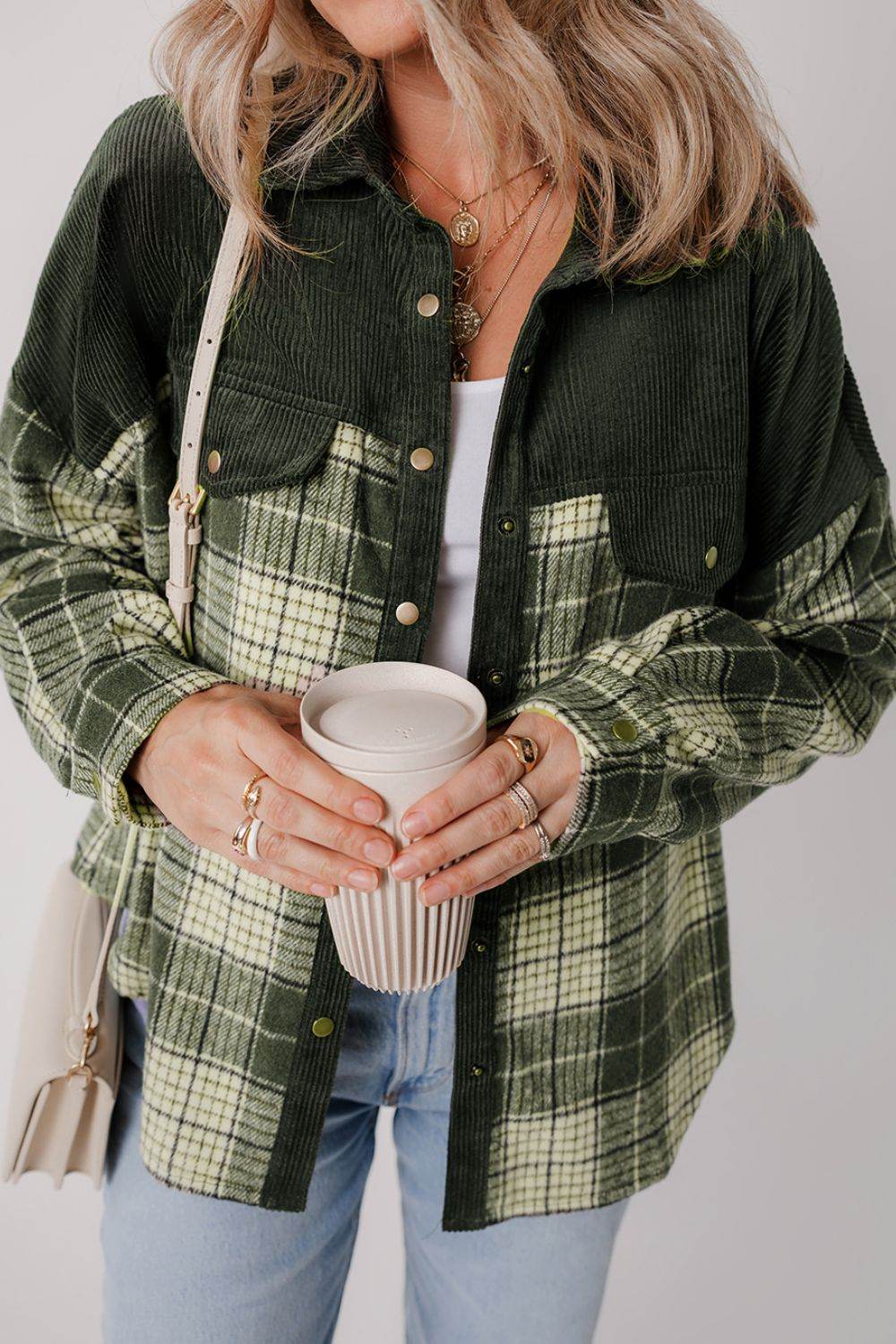 Snap Down Collared Neck Plaid Shacket - Delanoir