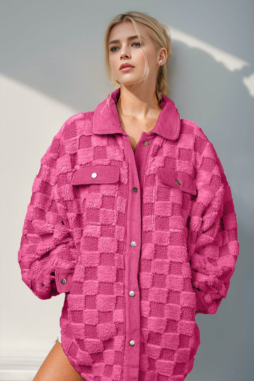 Double Take Button Up Fuzzy Checkered Shacket - Delanoir