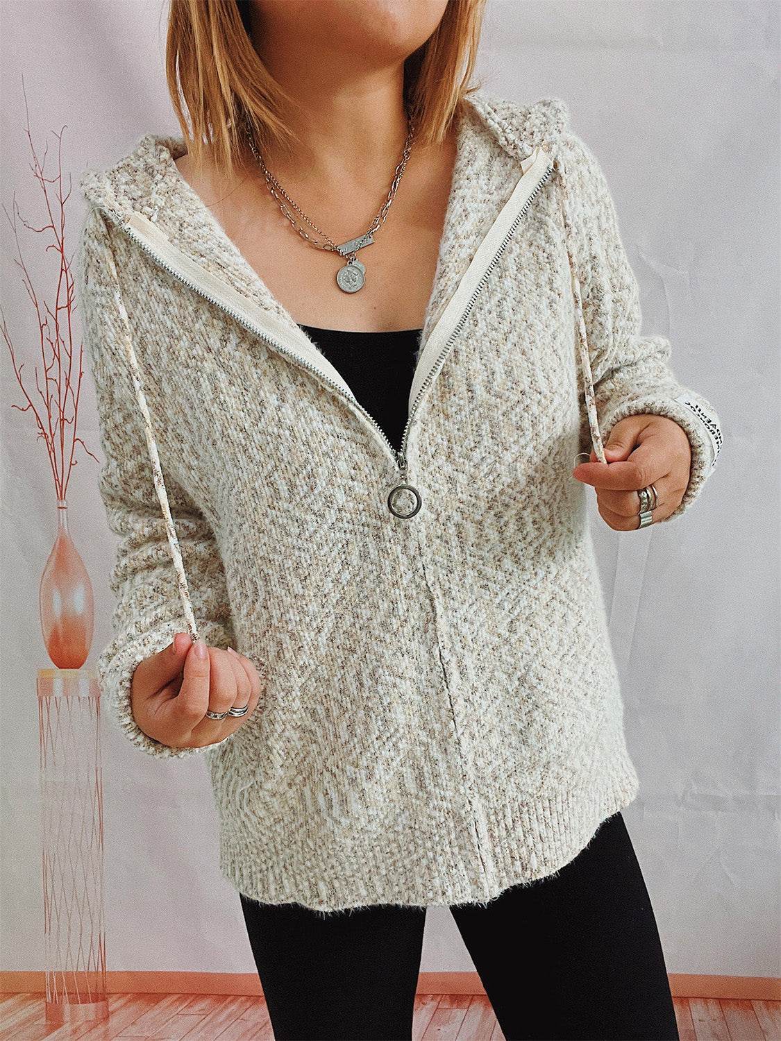 Zip Up Drawstring Long Sleeve Hooded Sweater - Delanoir