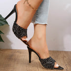 Sequin Point Toe Kitten Heel Sandals - Delanoir