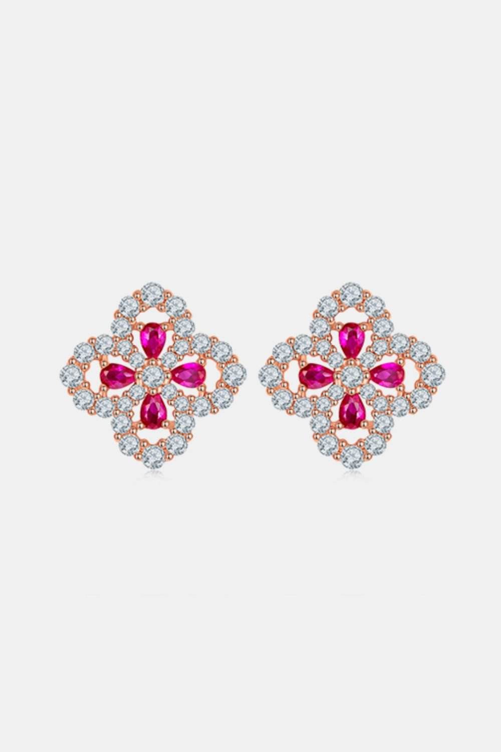 925 Sterling Silver Lab-Grown Ruby Flower Shape Stud Earrings - Delanoir