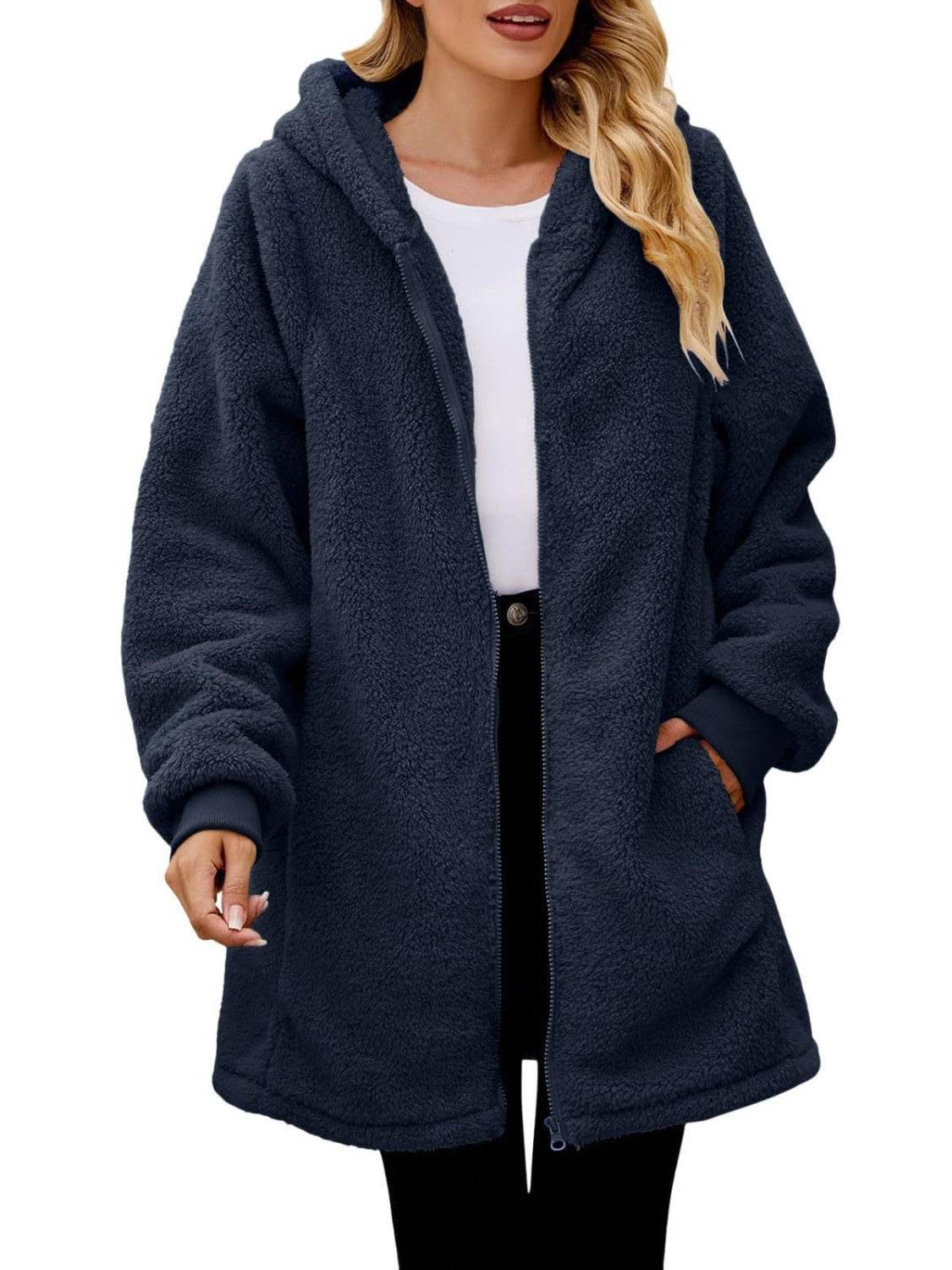 Fuzzy Pocketed Zip Up Long Sleeve Hooded Jacket - Delanoir